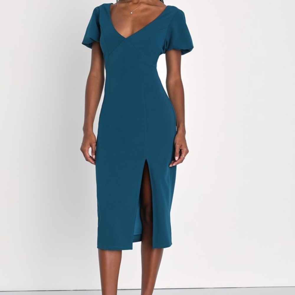 Lulus Elegantly Sleek Dark Teal Puff Sleeve Bodycon Midi Dress Blue - Size S